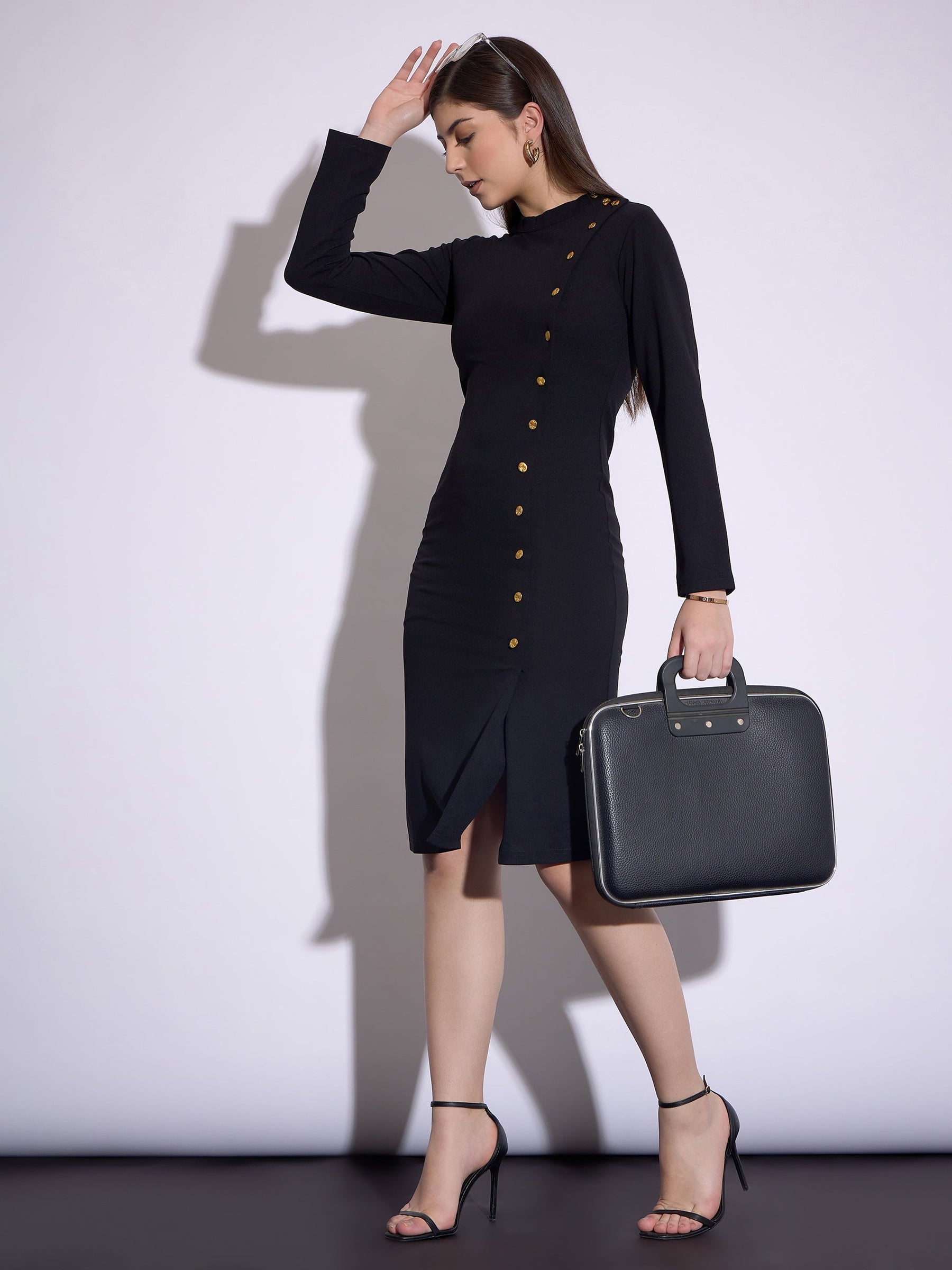 Buy Women Black Front Button Bodycon Midi Dress Online at Best Price - Sassafras Buy Women Black Front Button Bodycon Midi Dress Online at Best Price - Sassafras