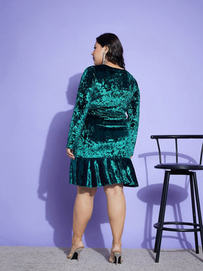 Emerald Velvet Frill Hem Short Dress-SASSAFRAS Curve