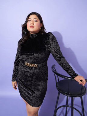 Black Velvet High Neck Bodycon Dress-SASSAFRAS Curve