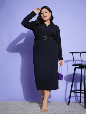 Black Front Zipper Belt Dress-SASSAFRAS Curve