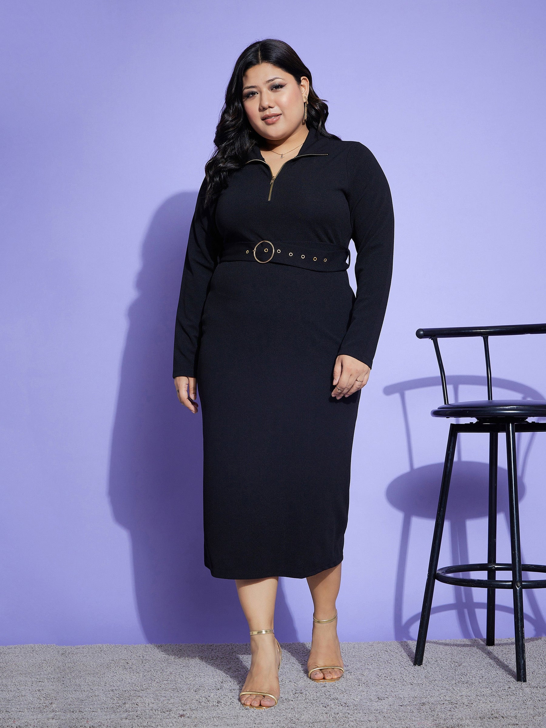 Black Front Zipper Belt Dress-SASSAFRAS Curve