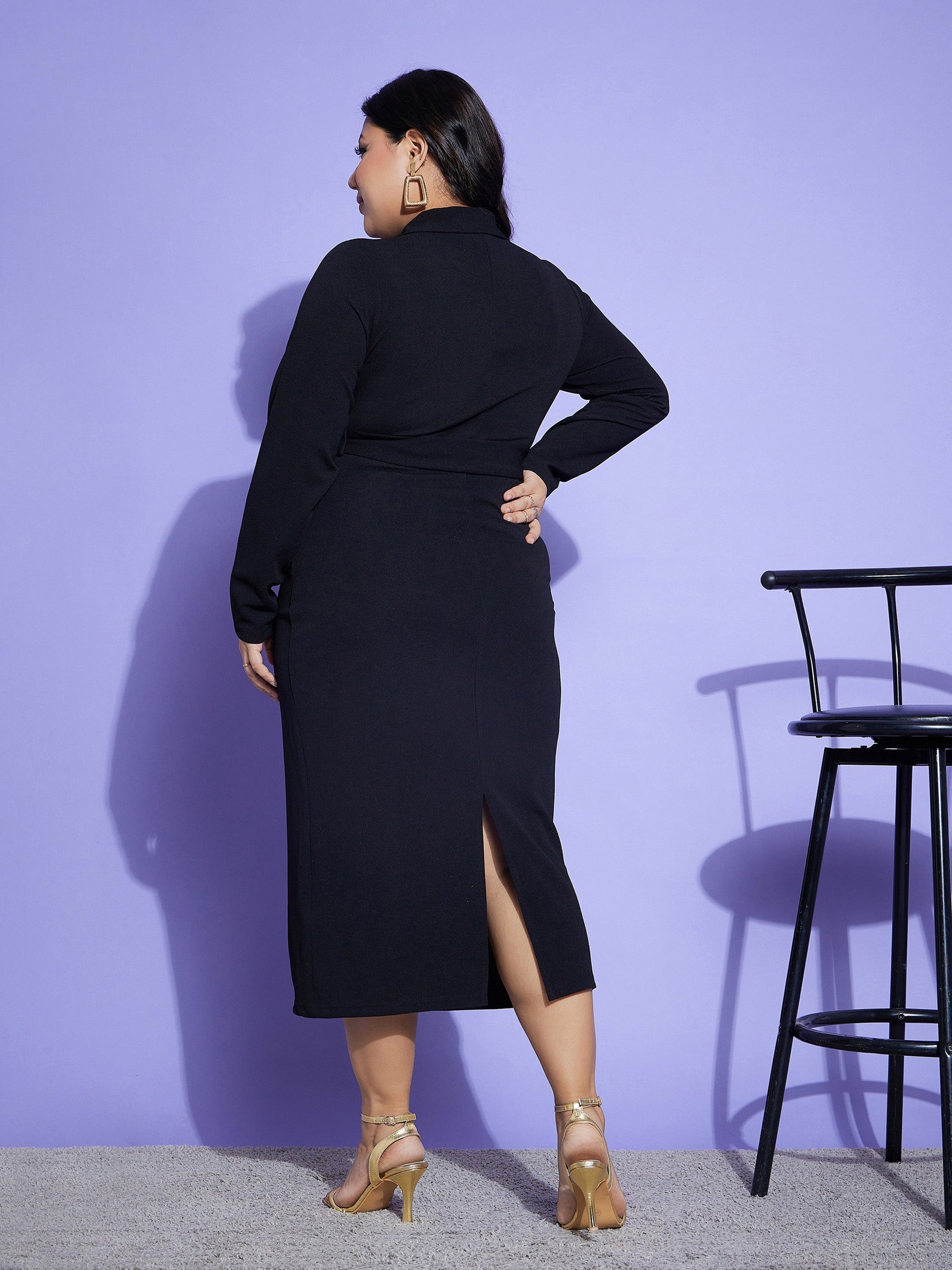 Black Front Zipper Belt Dress-SASSAFRAS Curve