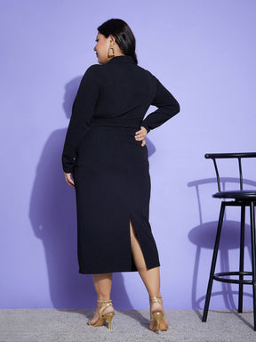 Black Front Zipper Belt Dress-SASSAFRAS Curve