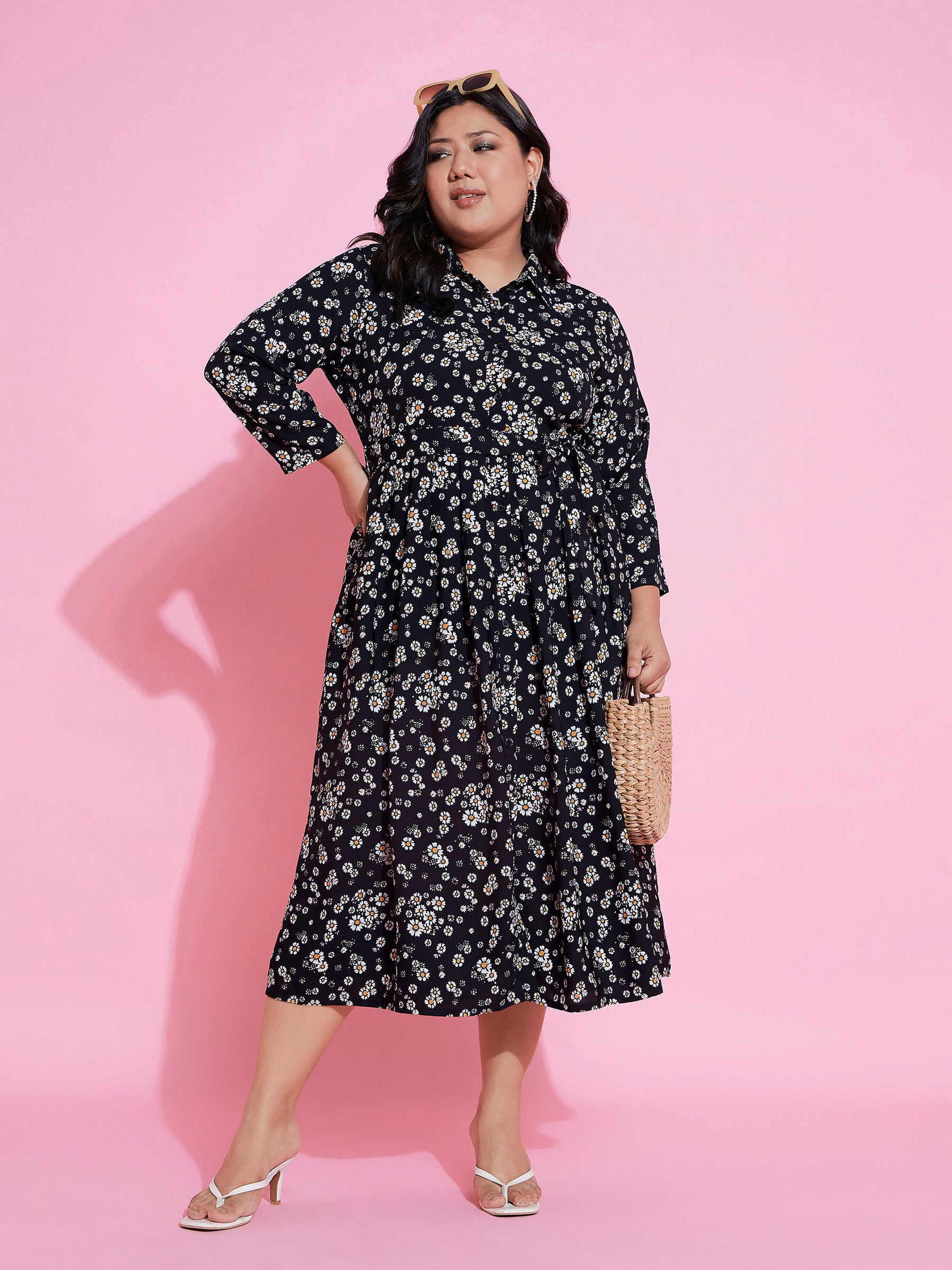 Women Black Floral Belted Midi Shirt Dress - Main Image
