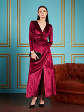 Maroon Velvet Front Twisted Maxi Dress-SASSAFRAS