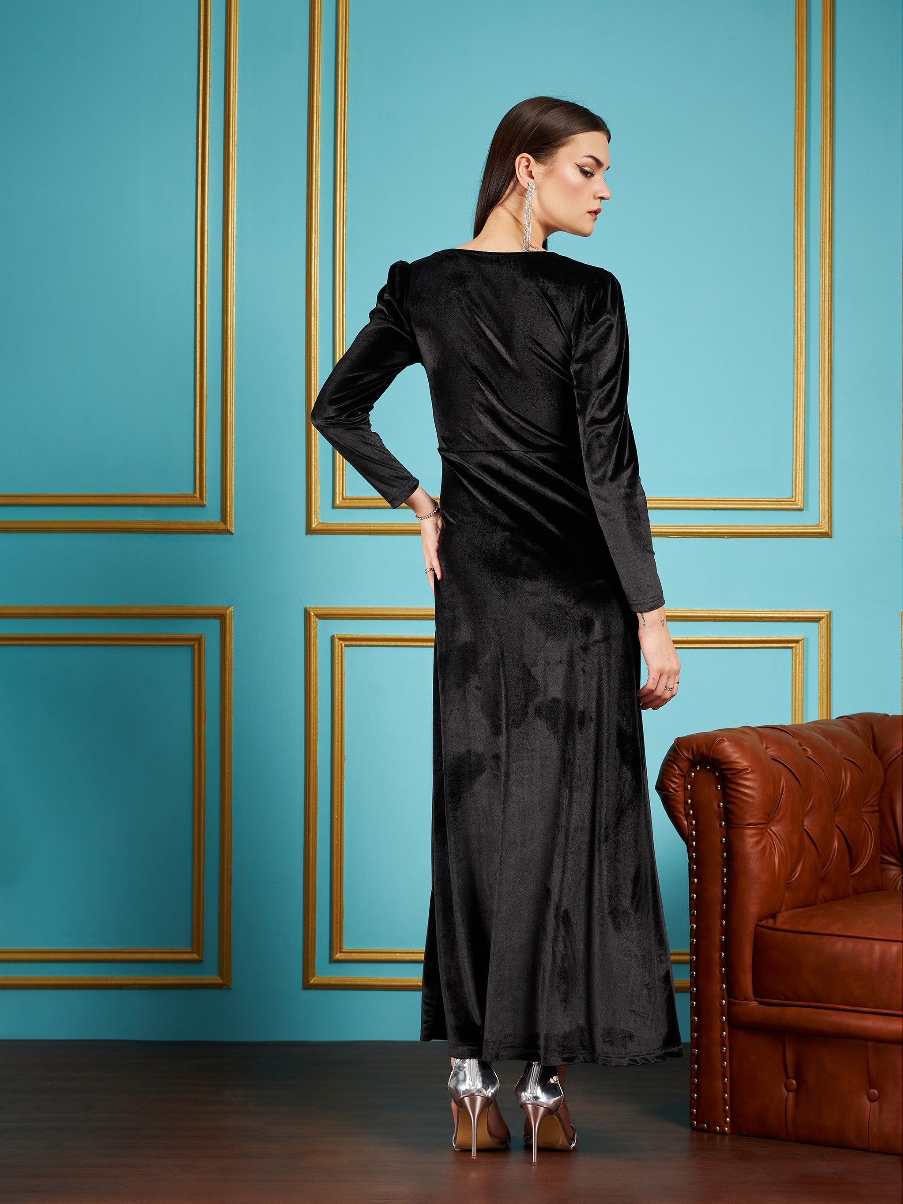 Black Velvet Front Twisted Maxi Dress-SASSAFRAS