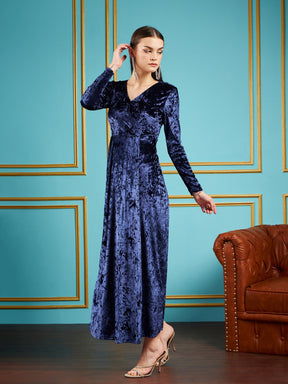 Navy Velvet Front Slit Maxi Dress-SASSAFRAS