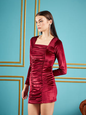 Maroon Velvet Ruched Bodycon Dress-SASSAFRAS