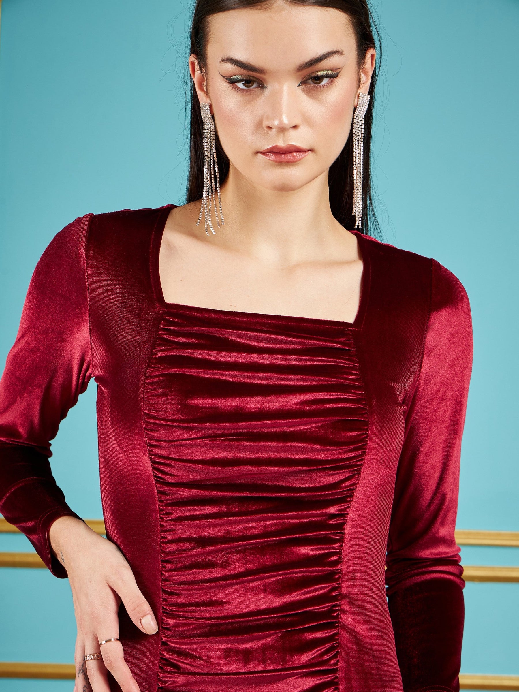 Maroon Velvet Ruched Bodycon Dress-SASSAFRAS