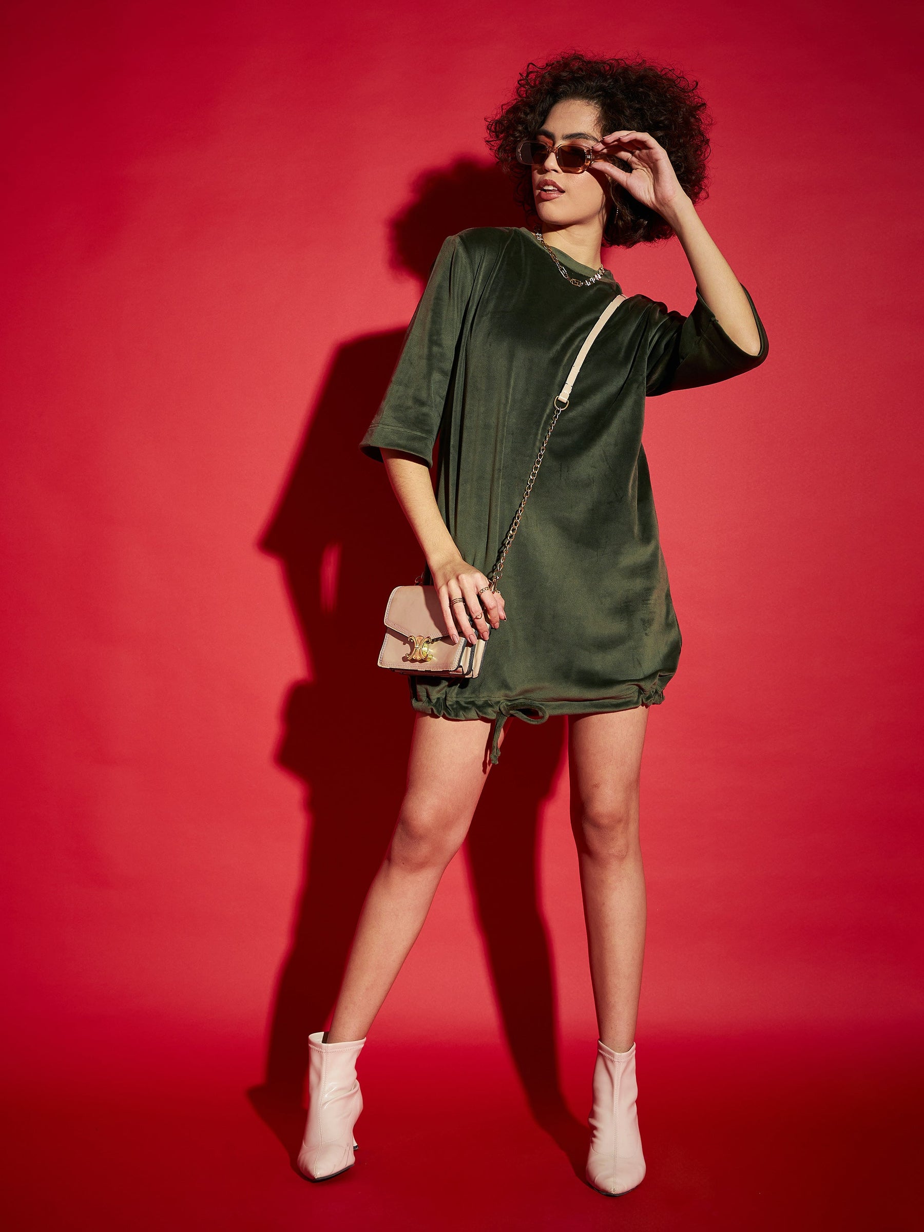 Olive Velour Tie Hem Mini Dress-SASSAFRAS