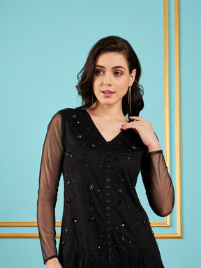 Black Embellished Fit & Flare Midi Dress-SASSAFRAS