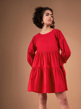 Red Poplin Drop Shoulder Tiered Mini Dress-SASSAFRAS