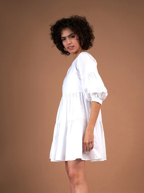 White Poplin Drop Shoulder Tiered Mini Dress-SASSAFRAS