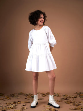 White Poplin Drop Shoulder Tiered Mini Dress-SASSAFRAS