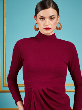 Maroon Gliiter High Neck Bodycon Dress-SASSAFRAS