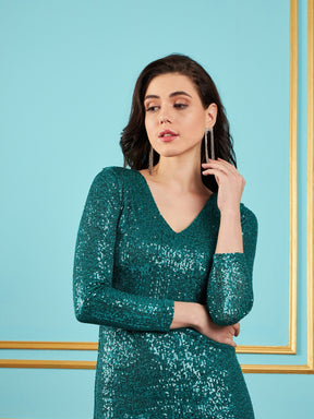 Green Sequin V-Neck Midi Dress-SASSAFRAS