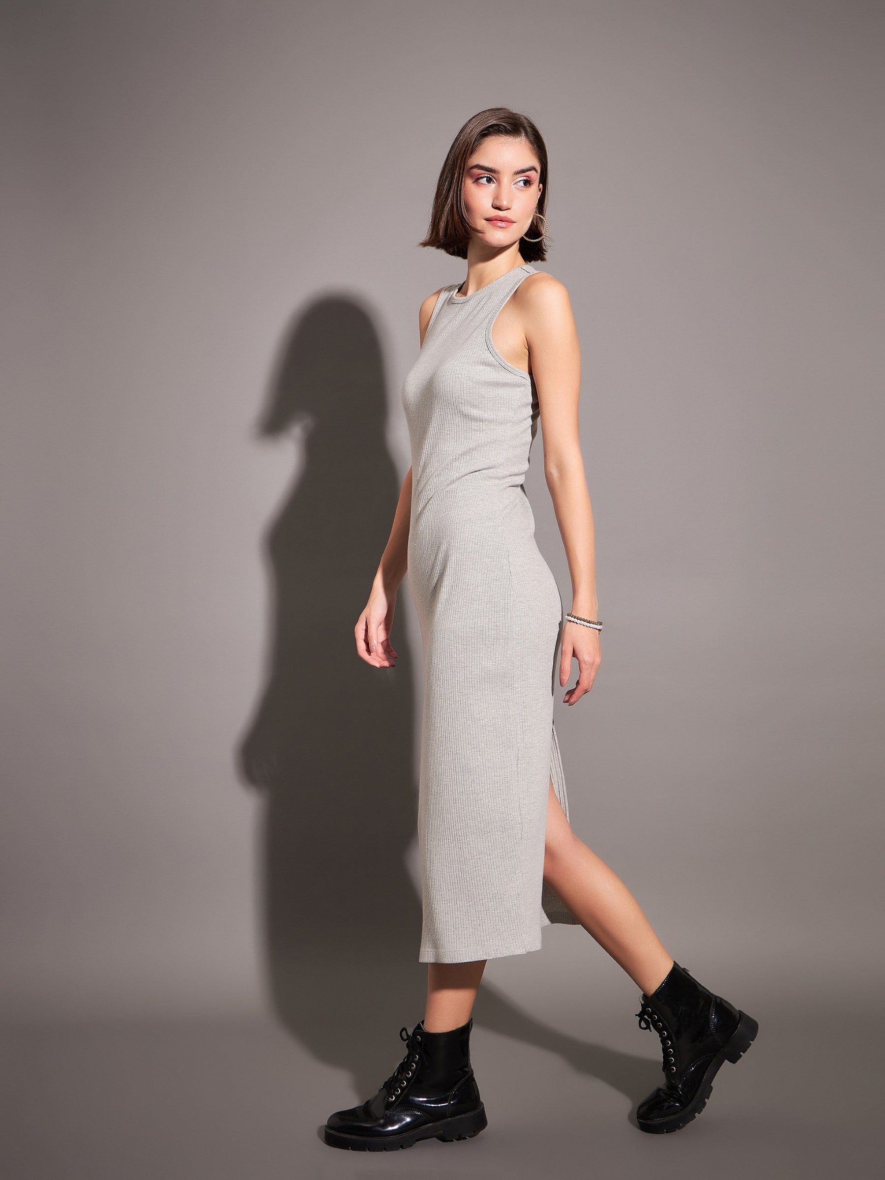 grey ribbed bodycon dress Grey Ribbed Long Sleeve Button Detail Bodycon Midi Dress | Femme Luxe