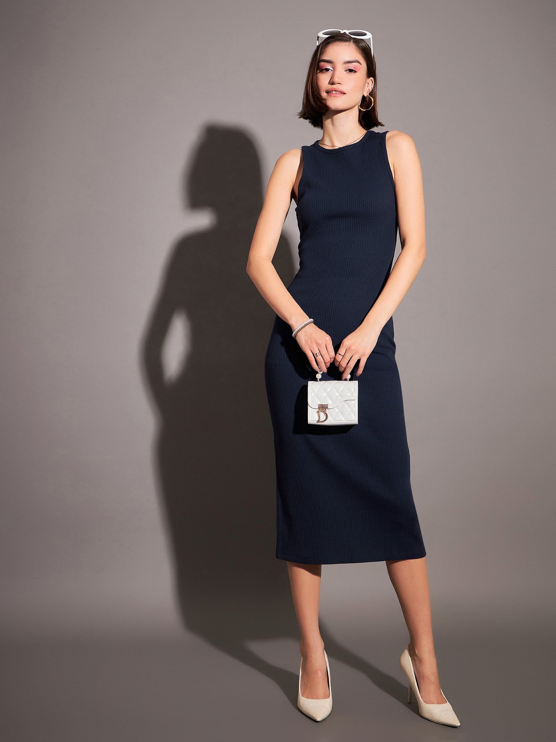Buy Women Navy Rib Sleeveless Bodycon Dress Online at Best Price - Sassafras Buy Women Navy Rib Sleeveless Bodycon Dress Online at Best Price - Sassafras