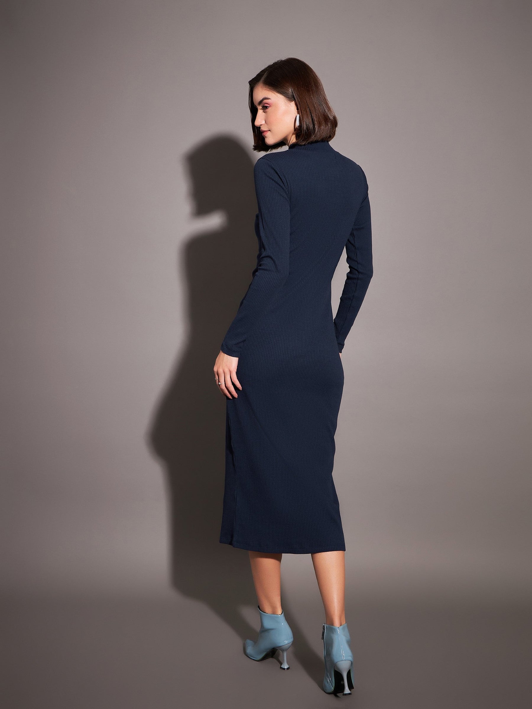Women's Basic Premium Rib High Neck Long Sleeve Midi Dress