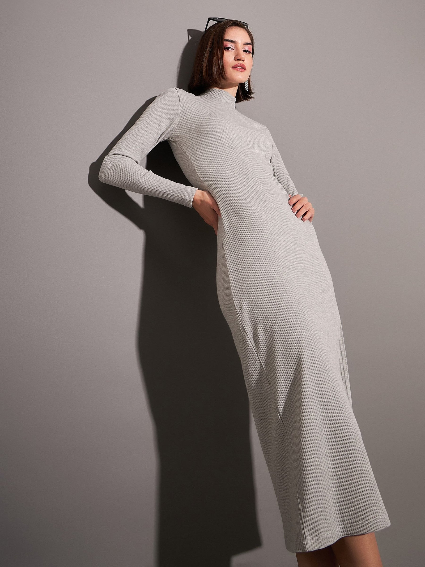 Buy Women Grey Rib High Neck Maxi Dress Online at Best Price - Sassafras Buy Women Grey Rib High Neck Maxi Dress Online at Best Price - Sassafras