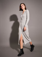 Grey Rib Front Button Midi Dress-SASSAFRAS