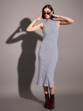 Navy & White Striped Rib Turtle Neck Sleeveless Dress-SASSAFRAS