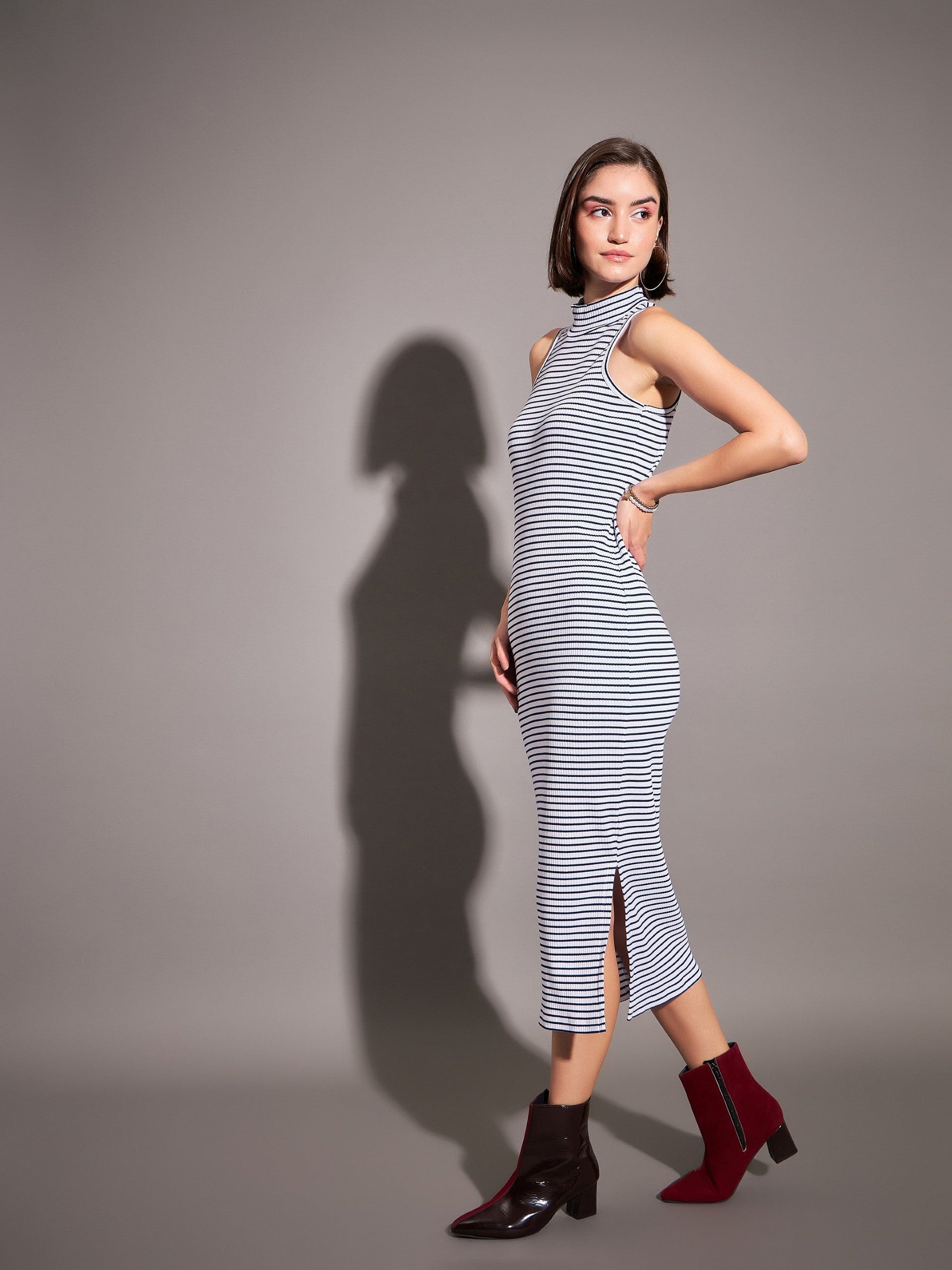 Navy & White Striped Rib Turtle Neck Sleeveless Dress-SASSAFRAS