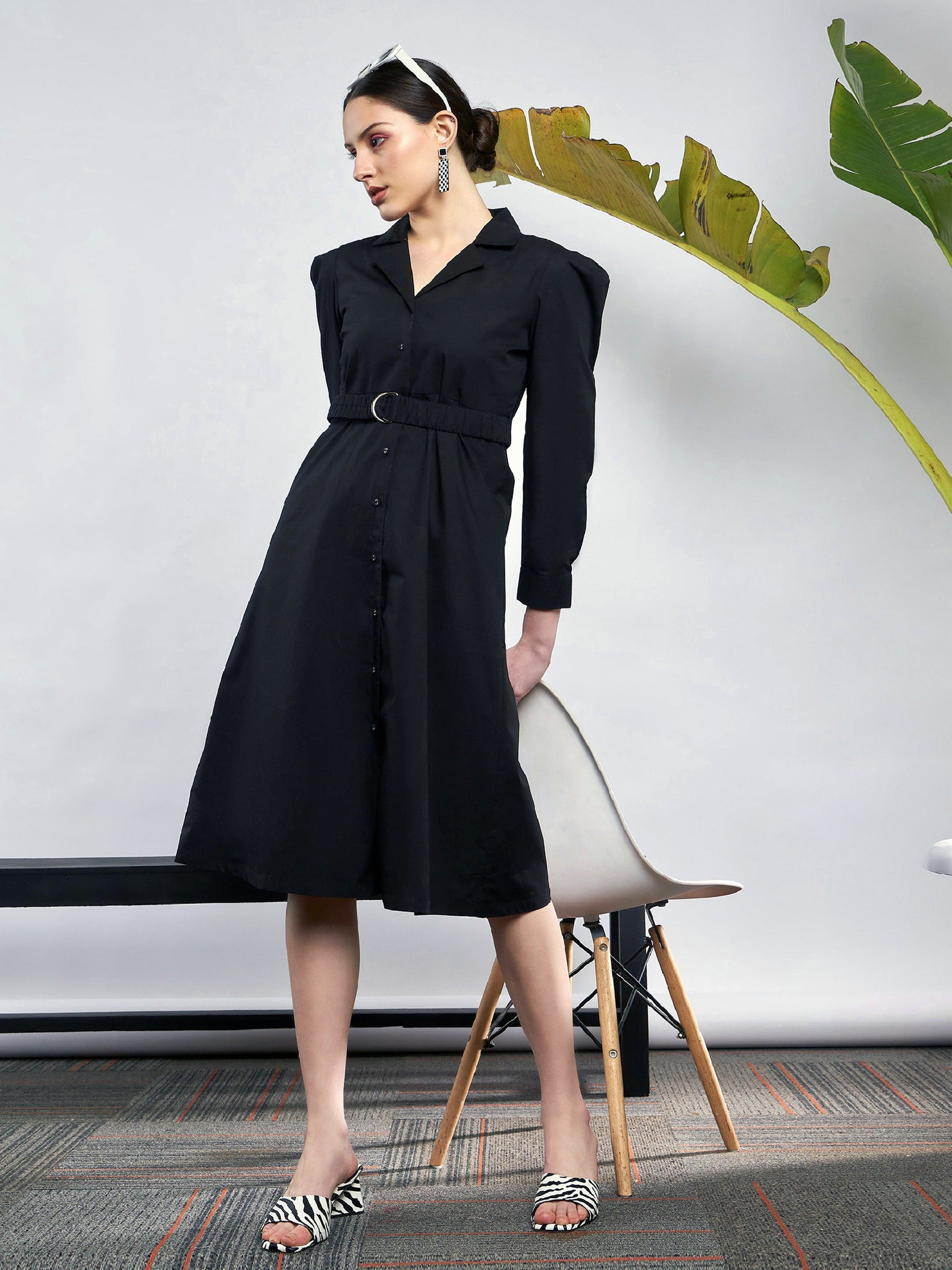 Black Poplin Ruched Belted Shirt Dress-SASSAFRAS