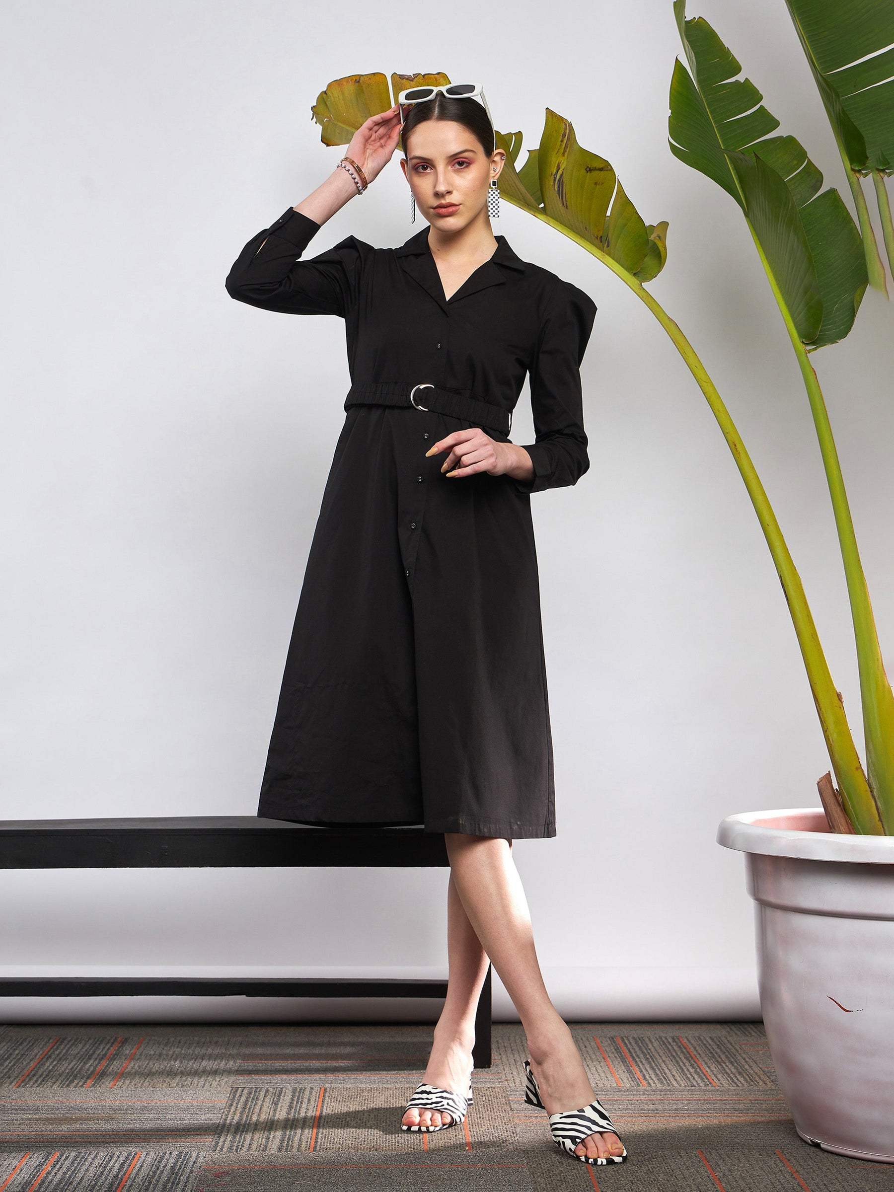 Black Poplin Ruched Belted Shirt Dress-SASSAFRAS