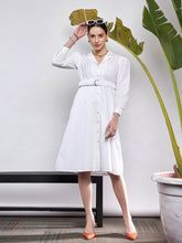 White Poplin Ruched Belted Shirt Dress-SASSAFRAS