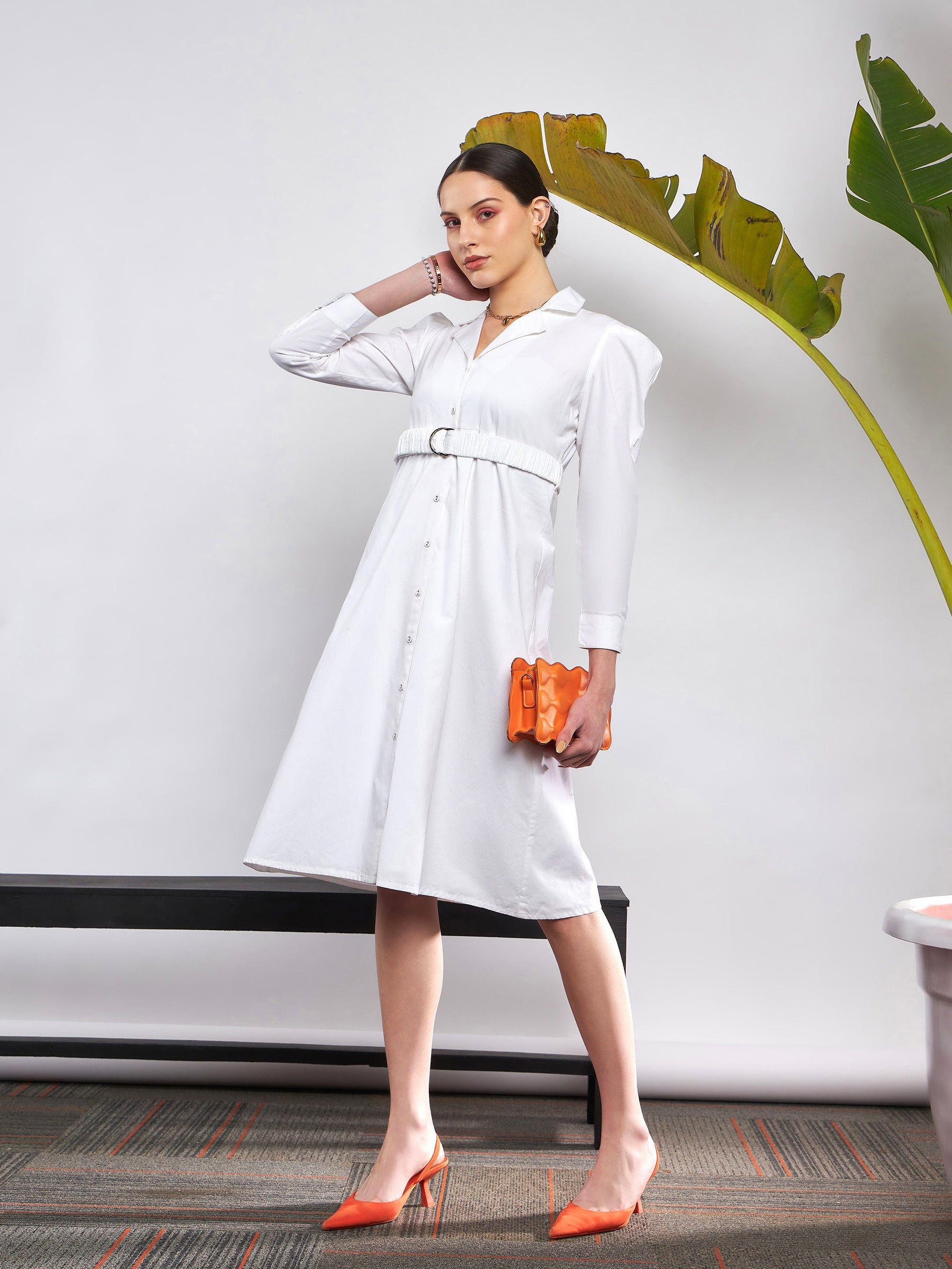 White Poplin Ruched Belted Shirt Dress-SASSAFRAS