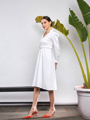 White Poplin Ruched Belted Shirt Dress-SASSAFRAS