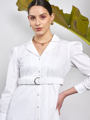 White Poplin Ruched Belted Shirt Dress-SASSAFRAS