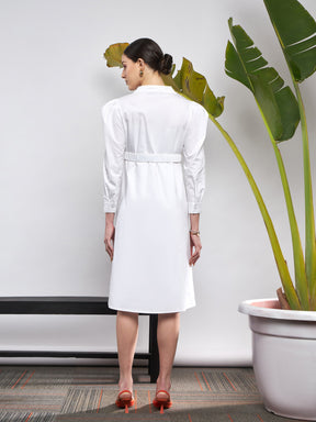 White Poplin Ruched Belted Shirt Dress-SASSAFRAS