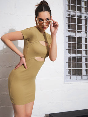 Khaki Rib Front Cut Out Bodycon Dress -SASSAFRAS