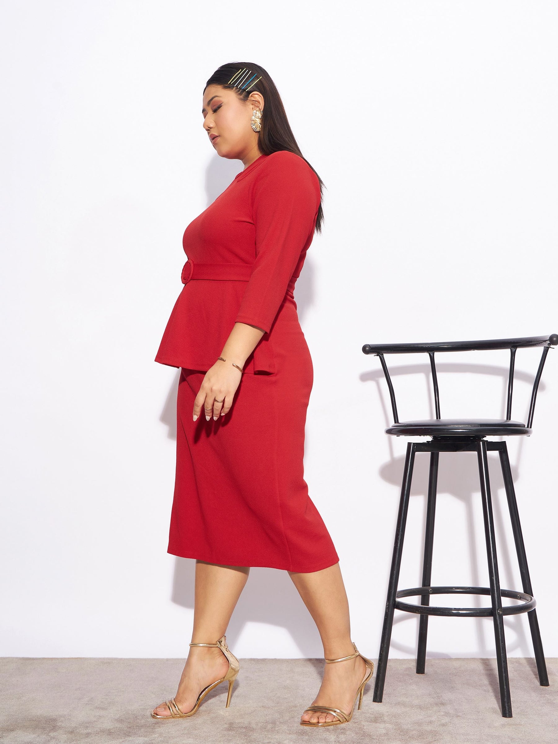 red bodycon peplum dress SHEIN Essnce Women's Solid Color Peplum Hem Bandeau Bodycon Mini Dress