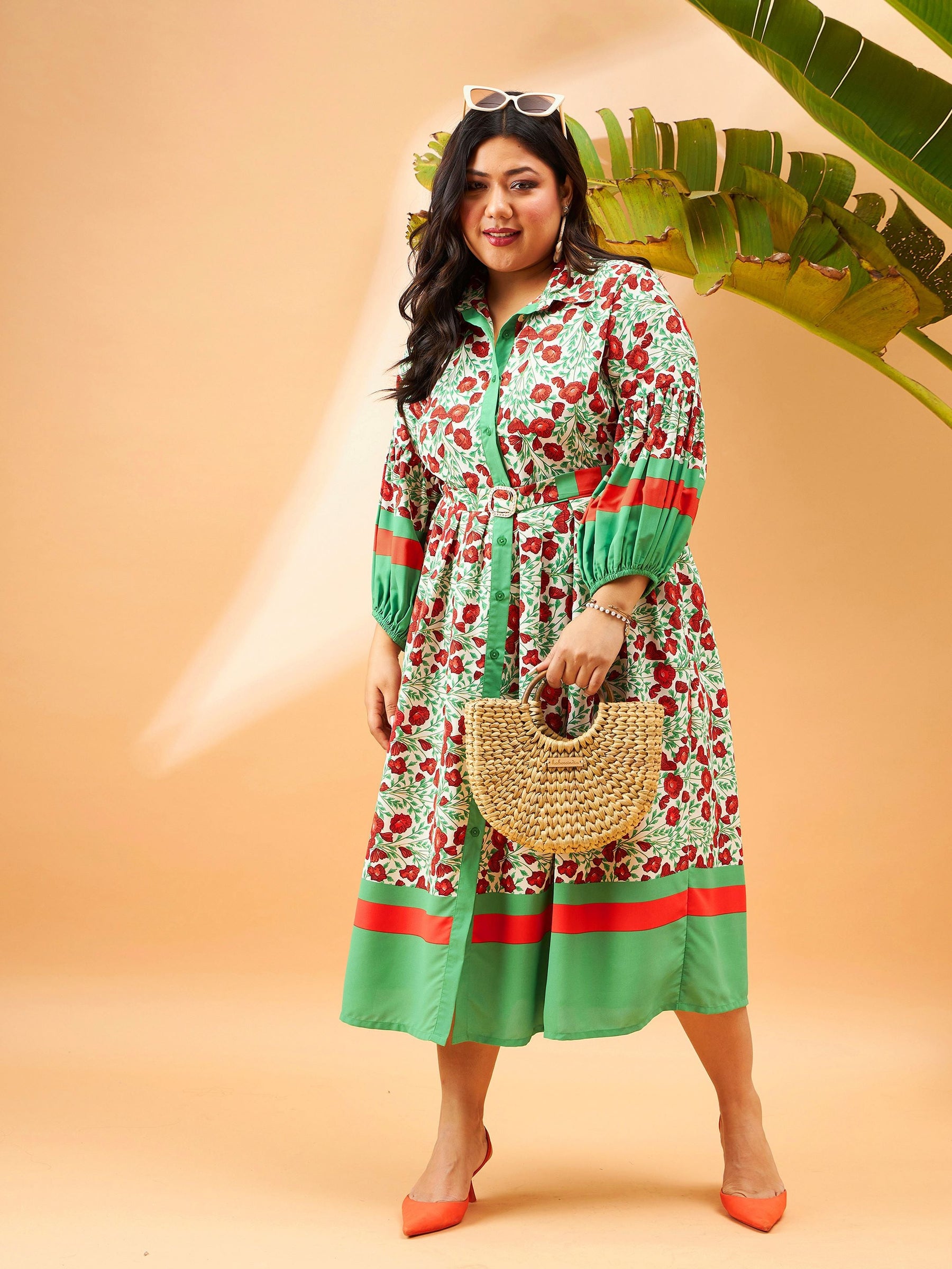 Women Green Floral Belted Midi Shirt Dress - Main Image