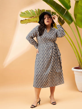 Black & White Geometric Printed Wrap Dress-SASSAFRAS Curve