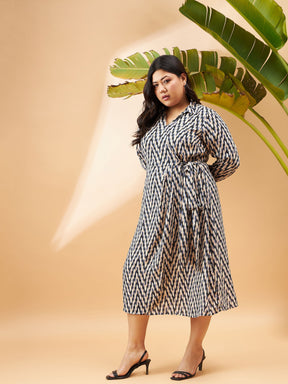 Black & White Geometric Printed Wrap Dress-SASSAFRAS Curve