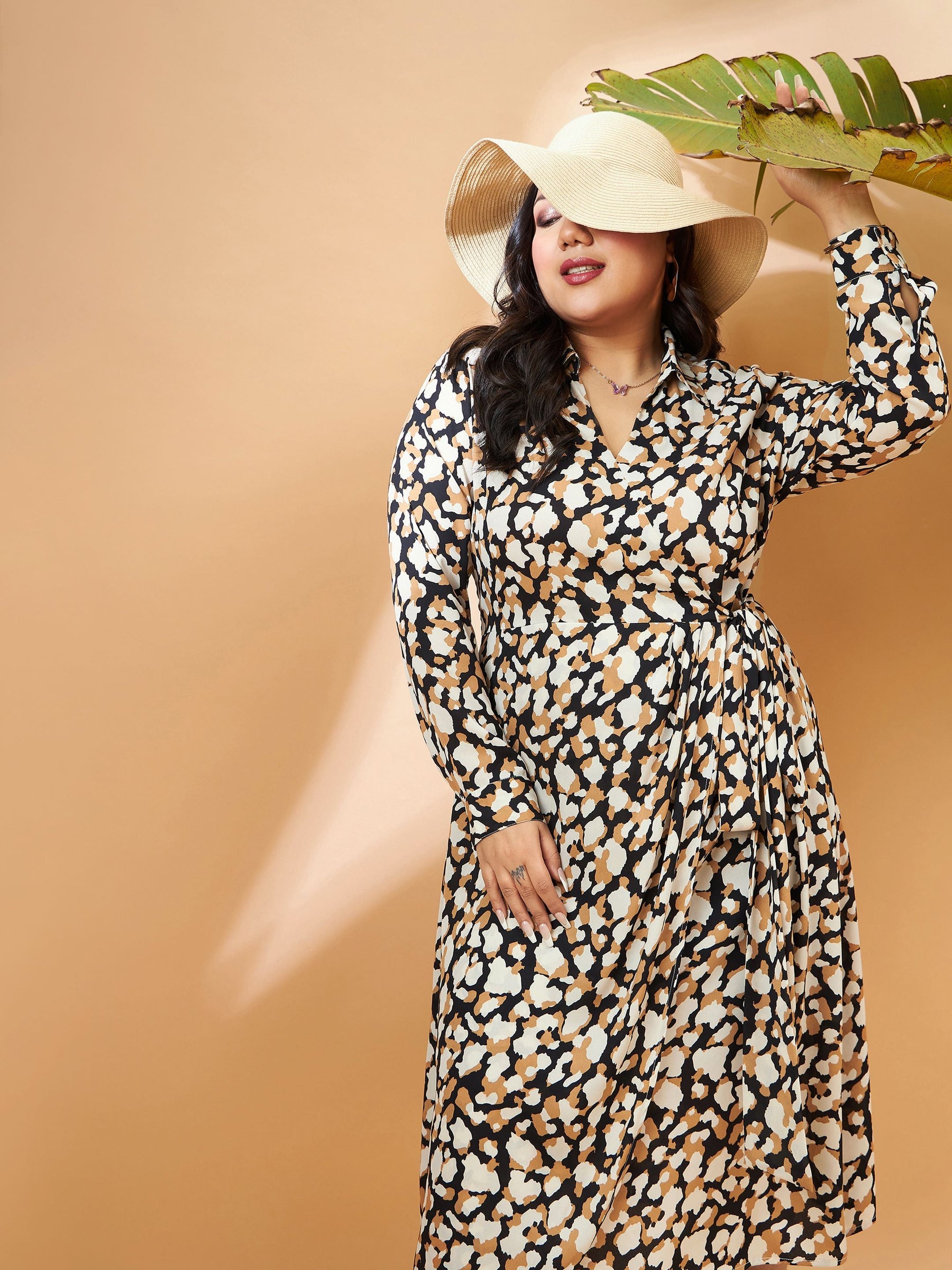 Black & Beige Printed Wrap Dress-SASSAFRAS Curve