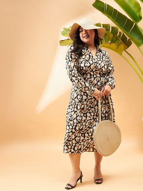 Black & Beige Printed Wrap Dress-SASSAFRAS Curve