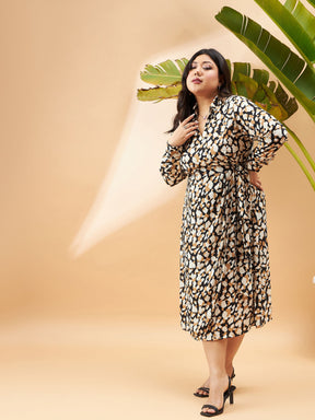 Black & Beige Printed Wrap Dress-SASSAFRAS Curve