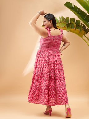 Pink Geometric Tie Up Tiered Dress-SASSAFRAS Curve