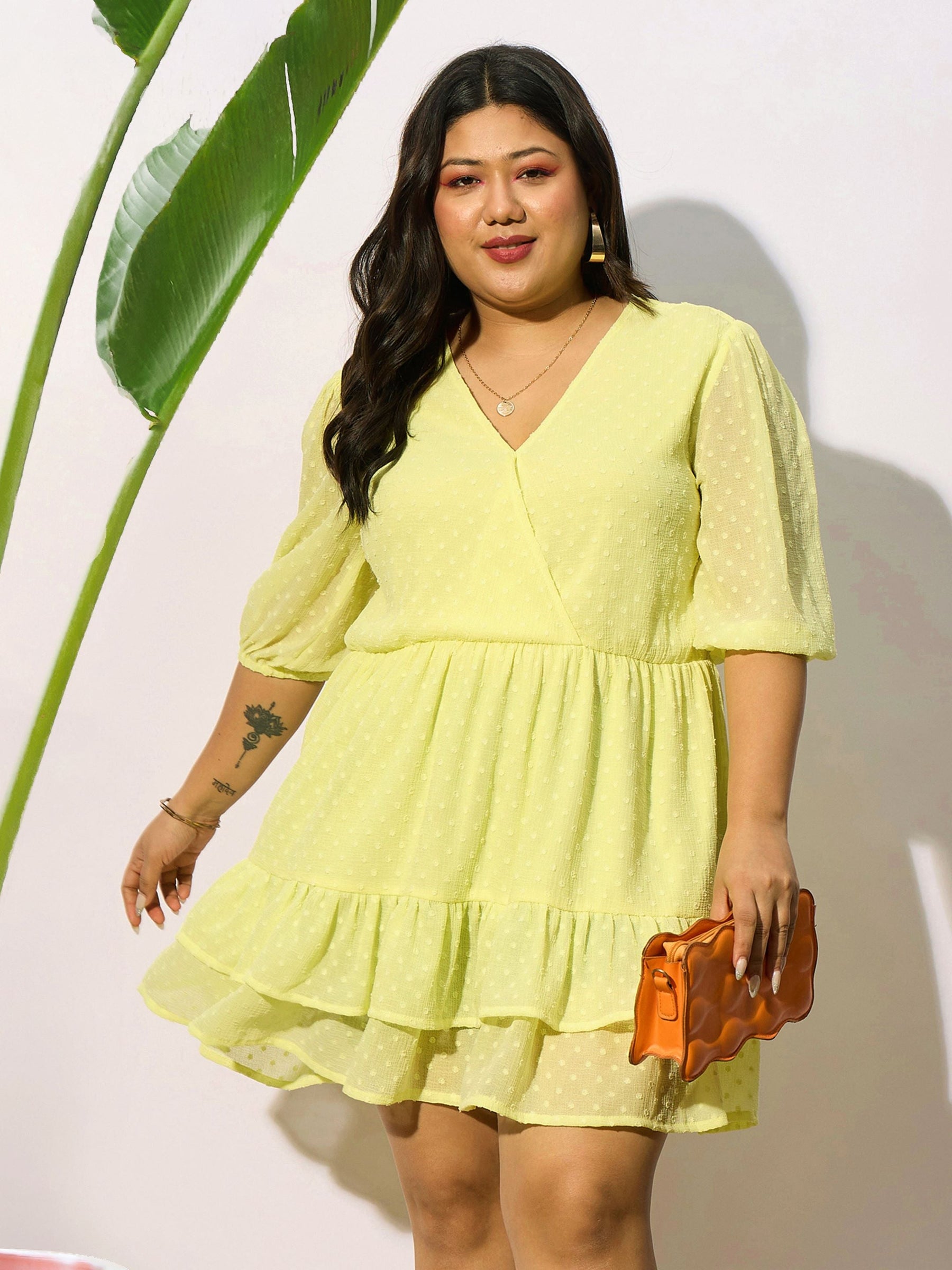 Yellow Dobby Frill Hem Skater Dress-SASSAFRAS Curve