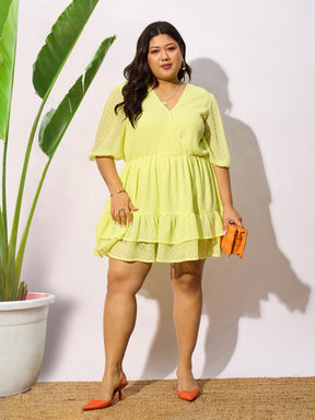 Yellow Dobby Frill Hem Skater Dress-SASSAFRAS Curve