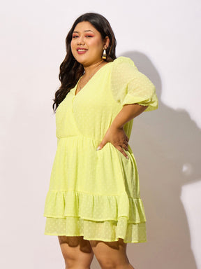 Yellow Dobby Frill Hem Skater Dress-SASSAFRAS Curve