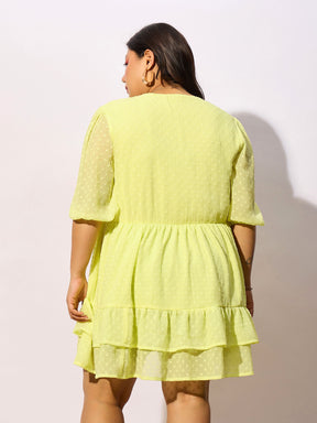 Yellow Dobby Frill Hem Skater Dress-SASSAFRAS Curve