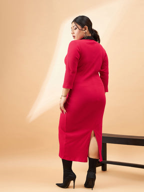 Red Rib Contrast Collar Midi Dress-SASSAFRAS Curve