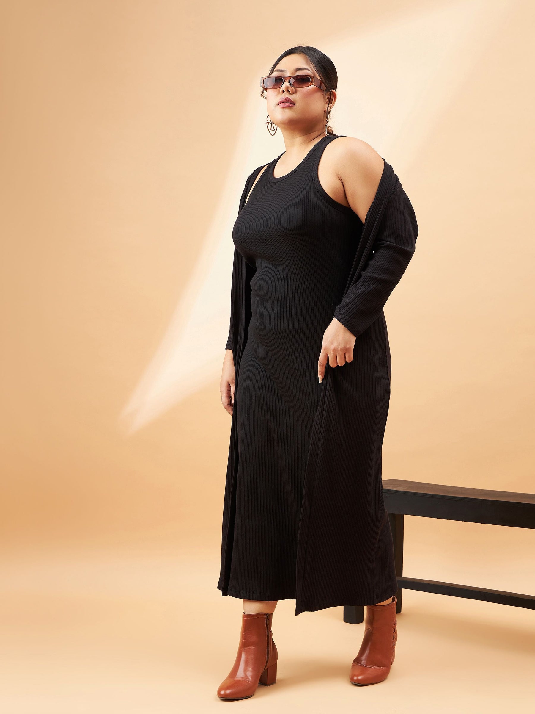 Buy Women Black Rib Sleeveless Bodycon Dress With Shrug Online at Best Price