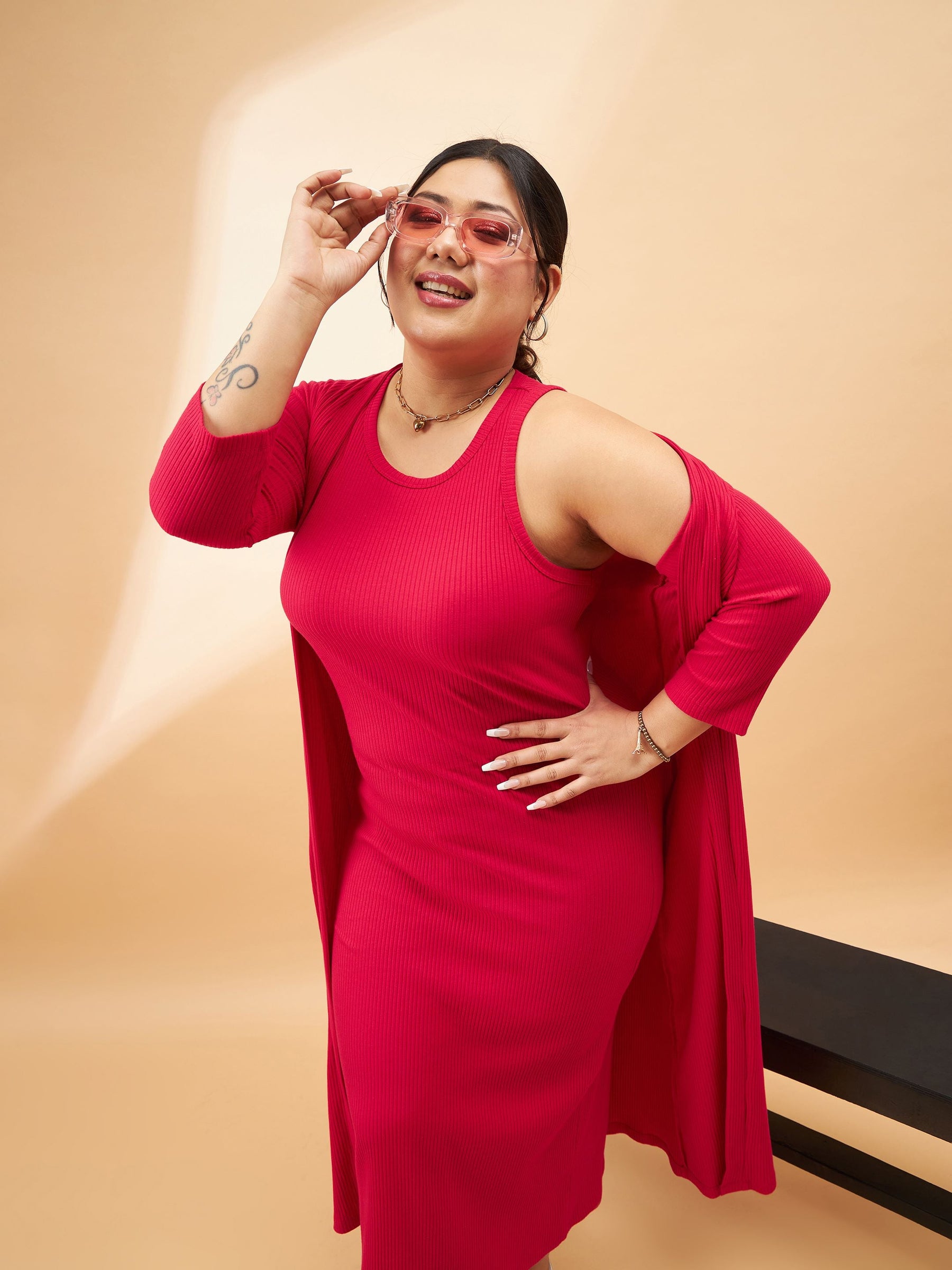 shrug for red dress Buy Women Red Rib Sleeveless Bodycon Dress With Shrug Online at Best Price